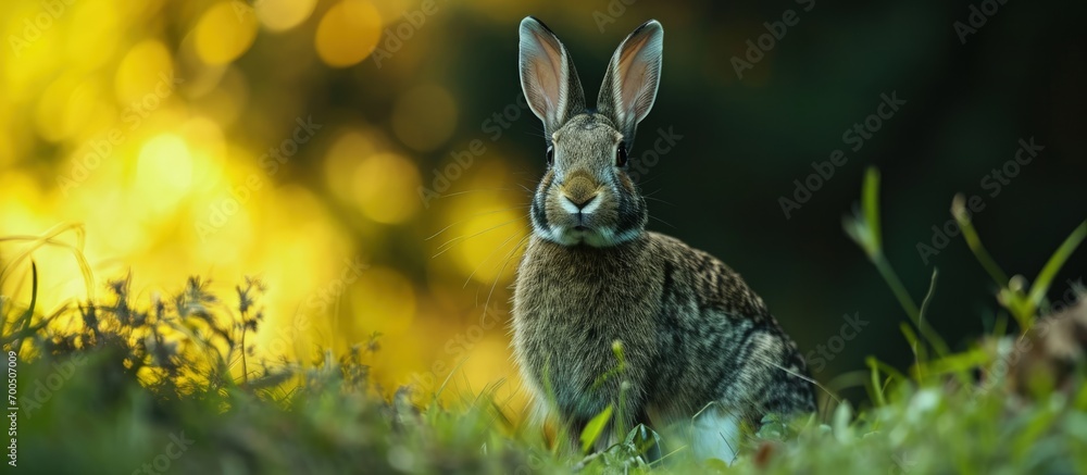 Poster a pet rabbit looks at the camera in the grass in the outhouse. creative banner. copyspace image