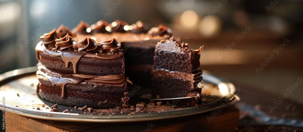 Poster Front view of a triple layered chocolate cake with a large slice removed. Creative Banner. Copyspace image