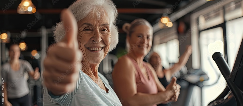 Poster cheerful senior woman gesturing thumbs up with people exercising in the background at fitness studio