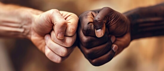Closeup photo of two arms different race skin colors multinational friends antiracism issue help together buddies world globe integration giving fists bump isolated grey color background - obrazy, fototapety, plakaty
