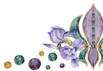 Hand drawn watercolor Mardi Gras carnival symbols. Fleur de lis French lily iris flower glass beads confetti baubles Composition isolated on white background. Design for party invitation, print, shop - obrazy, fototapety, plakaty