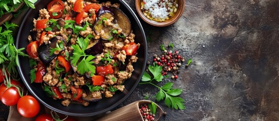 Greek moussaka dish with eggplant and minced meat. Creative Banner. Copyspace image