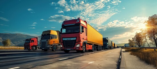 Fleet or Convoy of big transportation trucks in line on a countryside highway under a blue sky. Creative Banner. Copyspace image