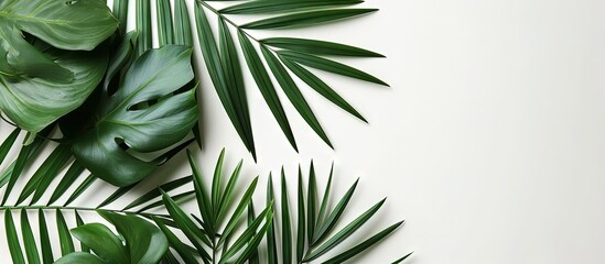 Invitation card mockup with palm tree leaf decoration top view. Creative Banner. Copyspace image