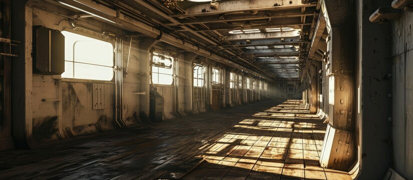 Inside empty cargo hold of general cargo ship. Creative Banner. Copyspace image