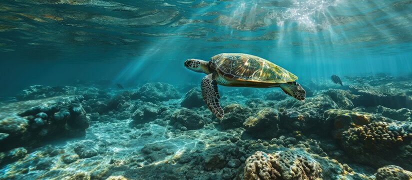 Caribbean Sea scenery with green turtle in Mexico. Creative Banner. Copyspace image