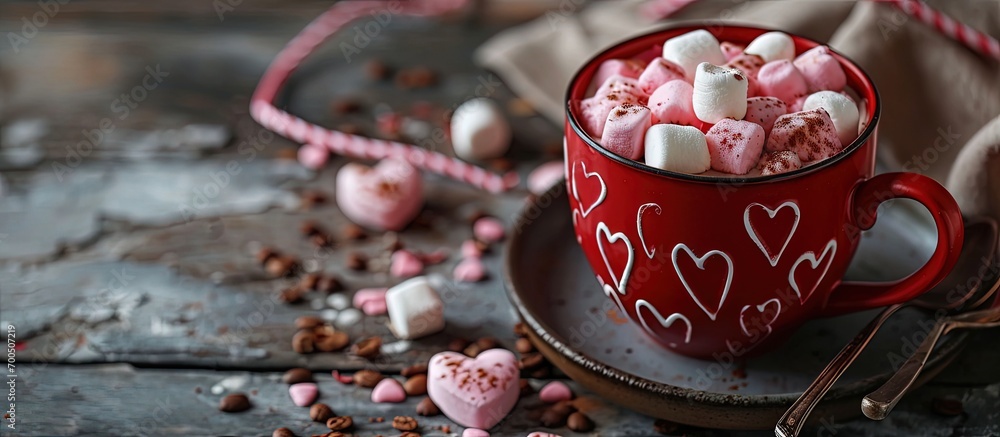 Aufkleber cup of hot cocoa with heart shaped marshmallows. creative banner. copyspace image