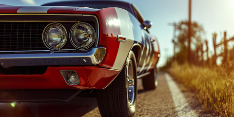 Classic American muscle car with flag paint, open road, copy space