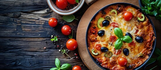 Healthy chicken and bean gluten free lasagna topped with pitted olives avocado tomatoes and fresh coriander in black baking dish on dark wood table vertical view. Creative Banner. Copyspace image - obrazy, fototapety, plakaty