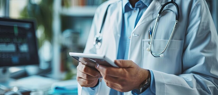 Doctor s hand holding smart phone tablet show internet online patient monitoring systems Concept of Telemedicine online medical consultation. Creative Banner. Copyspace image