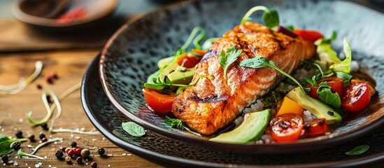 Grilled Atlantic salmon with an avocado and tomato salsa Delicious healthy eating. Creative Banner. Copyspace image