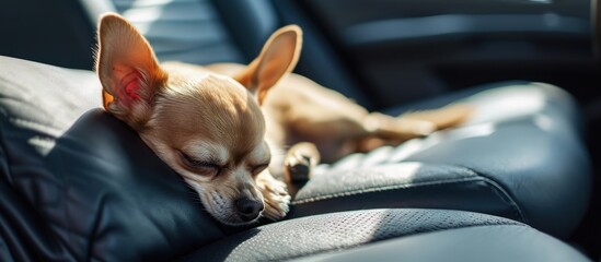 Chihuahua type dog asleep in the front passenger seat of a luxury car. Creative Banner. Copyspace image - obrazy, fototapety, plakaty