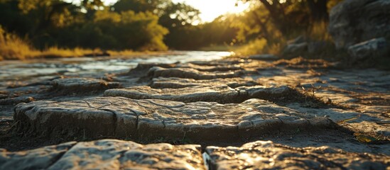 Dinosaur Valley State Park in Glen Rose Texas showing Dino tracks over 100 million years old. Creative Banner. Copyspace image