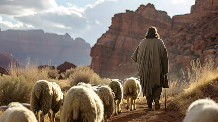 Jesus Christ, good shepherd and flock of sheep - obrazy, fototapety, plakaty