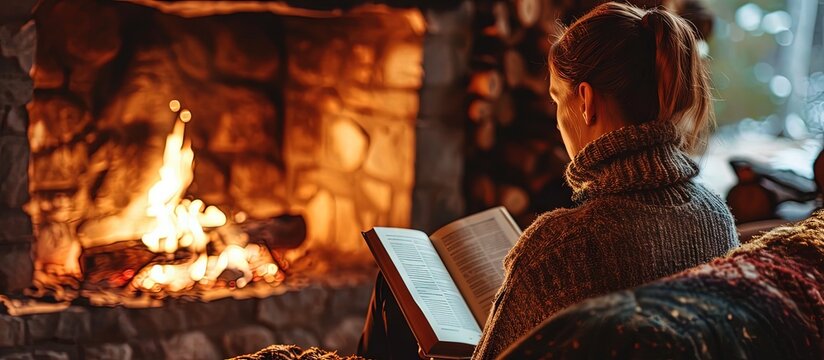 Back view of young female resting on floor near burning fireplace and reading book in cozy living room at home. Creative Banner. Copyspace image