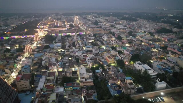 A Night Aerial shot of Sri Ranganatha Swamy Temple, Srirangam Temple in Tamil Nadu, India