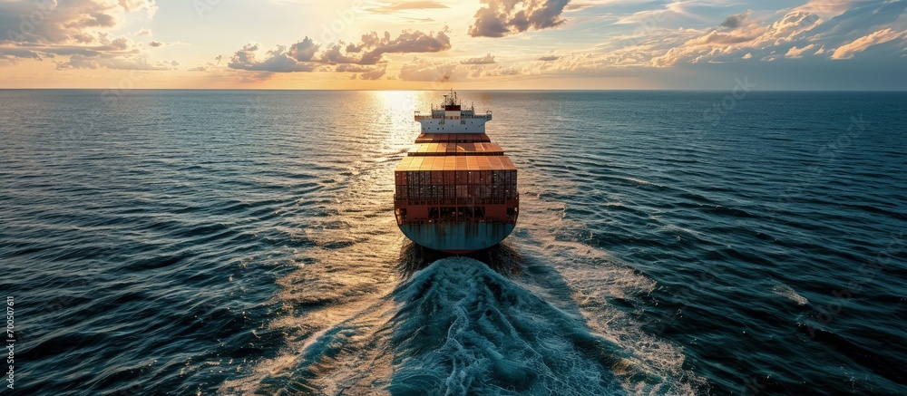 Poster aerial front view of a loaded container cargo vessel traveling over the ocean with good weather. cre