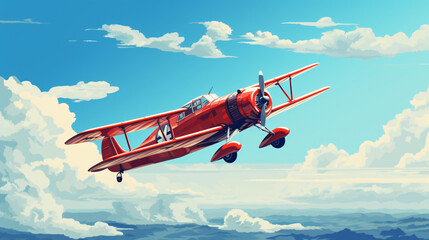 Red vintage plane flying - obrazy, fototapety, plakaty