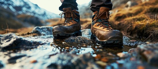 Detail of men s hiking boots walking through watery footpath in the mountains. Creative Banner. Copyspace image - obrazy, fototapety, plakaty