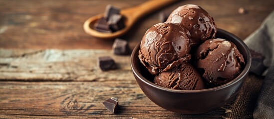 Homemade artisanal chocolate ice cream on a wooden table with spoon and chocolate truffles. Creative Banner. Copyspace image - obrazy, fototapety, plakaty