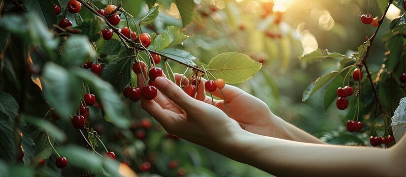 Female hands is picking cherries from the tree to basket Summer harvest of cherry garden Harvest cherries. Creative Banner. Copyspace image