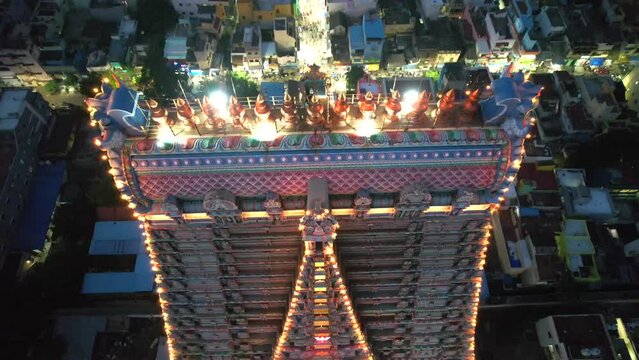 A Night Aerial shot of Sri Ranganatha Swamy Temple, Srirangam Temple in Tamil Nadu, India