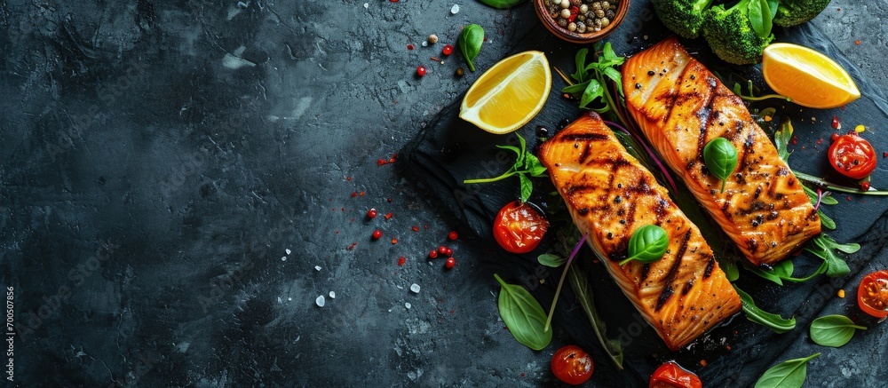 Poster grilled salmon fillet with vegetables mix. creative banner. copyspace image