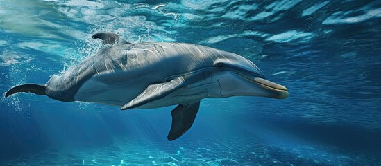 A large white dolphin swims in blue water. Creative Banner. Copyspace image