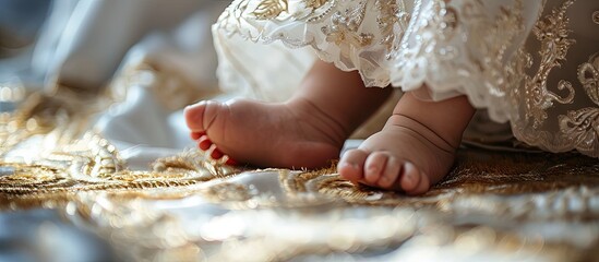 Close up of baby s legs Baptism of a child in an Orthodox temple church. Creative Banner. Copyspace image - obrazy, fototapety, plakaty