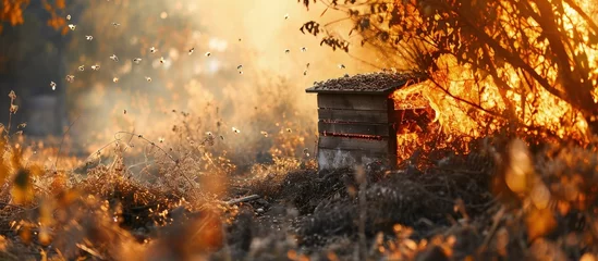 Kissenbezug detail of a burning beehive in an apiary vandalism accident or chemical treatment and disinfection by fire and smoke fireworks can get out of control and cause a fire meadow row hives © HN Works