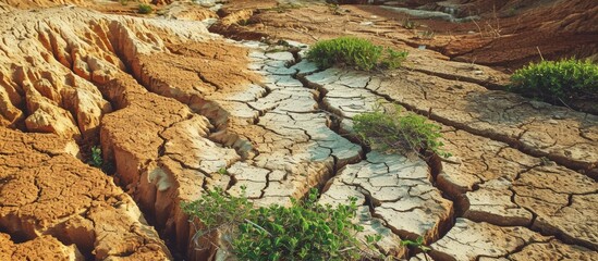 Disruption of ecological balance brings disasters with it Arid land and green field grass trees Photo manipulation. Creative Banner. Copyspace image