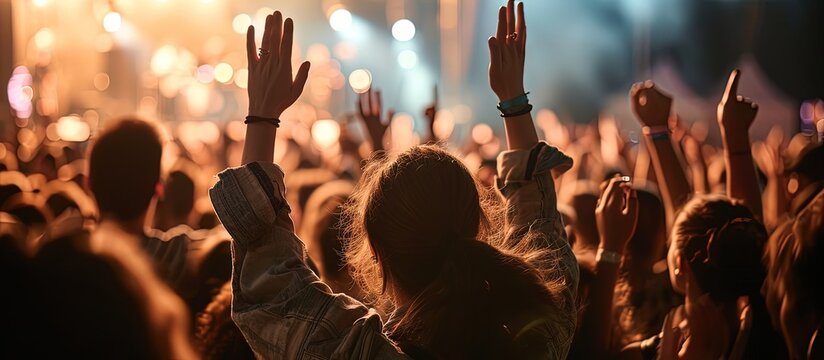 Concert People with Hands Up Excited Attendees Listening to Live Music. Creative Banner. Copyspace image
