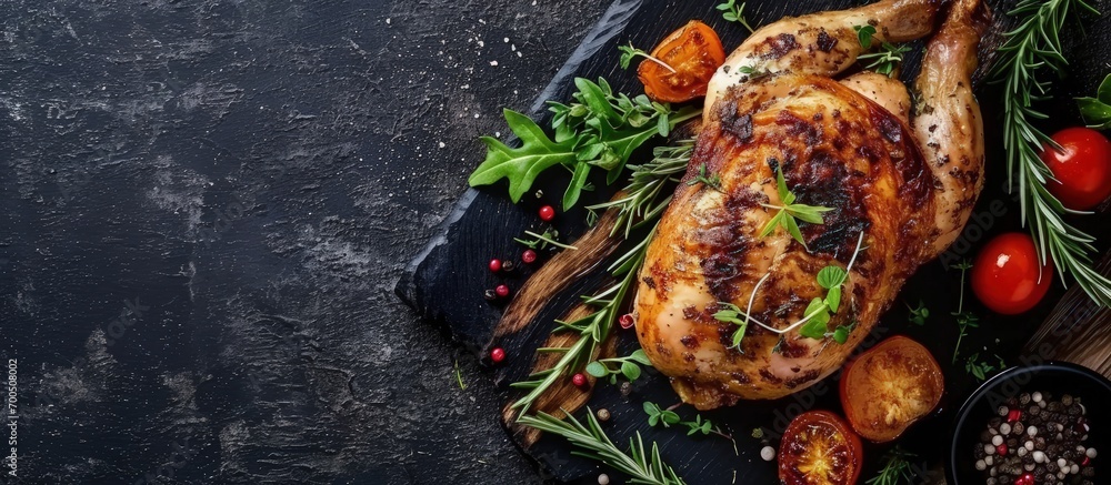 Poster Chicken leg roasted on the black table View from above. Creative Banner. Copyspace image