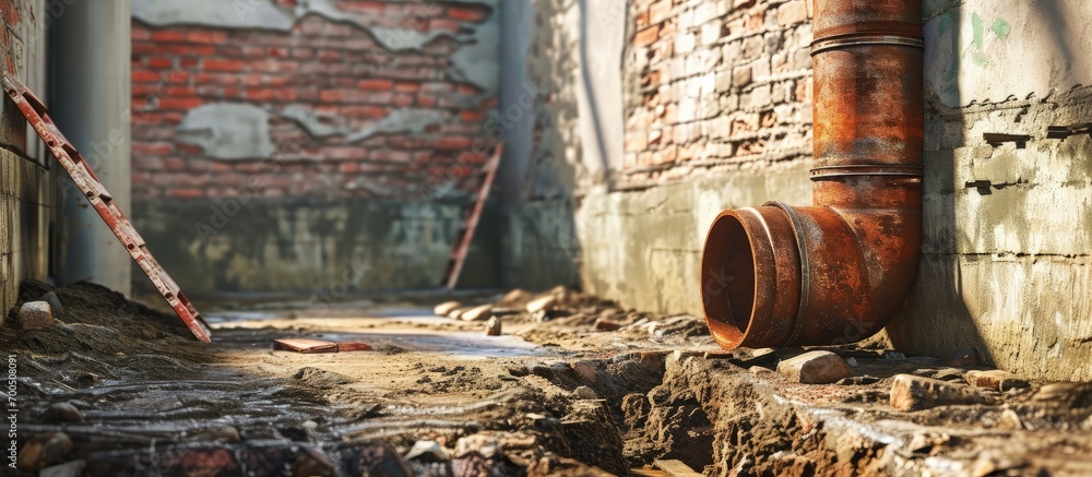 Poster installation of a sewage plastic pipe during the construction of a house. creative banner. copyspace
