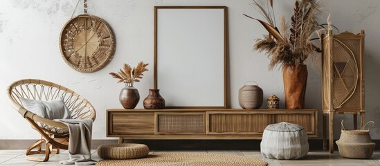 Bohemian interior of living room with mock up poster frame elegant rattan accessories dried flowers in vase wooden console and hanging hut in stylish home decor. Creative Banner. Copyspace image