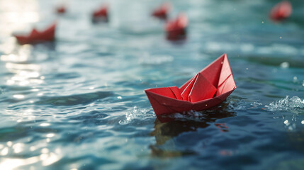 The red boat is a symbol of collaborative leadership. It guides the paper boats, representing individuals and teams, towards victory. ai generated.