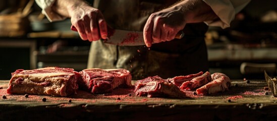 Close up butcher working separate the bone from the meat with a knife at table in the slaughterhouse Wagyu Beef Meat industry. Creative Banner. Copyspace image - obrazy, fototapety, plakaty