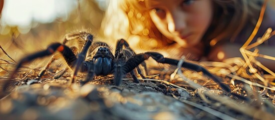 A huge poisonous spider crawling on a child The girl is not afraid of spiders brave child plays with huge spider Brachypelma albopilosum Treatment of arachnophobia. Creative Banner. Copyspace image
