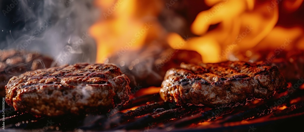 Poster burning beef burgers on bbq flames smoke and fire. creative banner. copyspace image