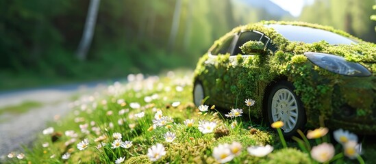 Hybrid car Retro automobile covered with grass and flowers representing eco friendly concept...