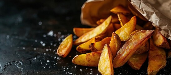 Fried potato wedges spilled out of a paper bag Sprinkled with salt on a black background Side view. Creative Banner. Copyspace image - obrazy, fototapety, plakaty