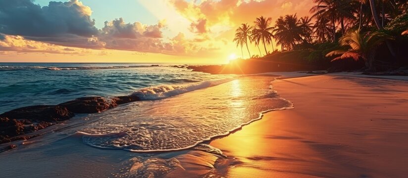 Art Beautiful sunset over the tropical beach. Creative Banner. Copyspace image