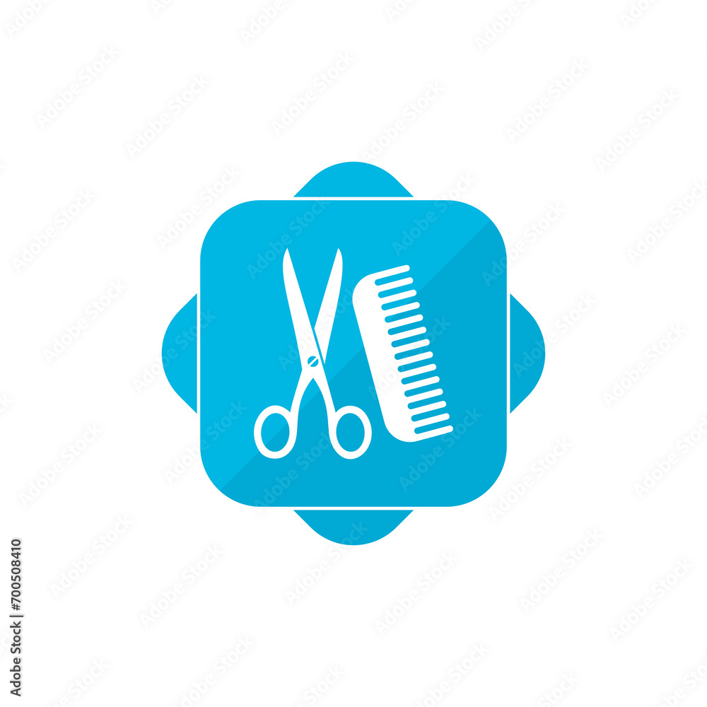Poster Comb and scissors blue square icon isolated on transparent background