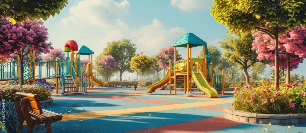 Poster an image of a colorful children playground without children. creative banner. copyspace image