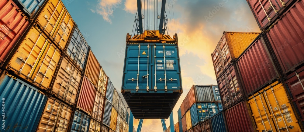 Poster crane lowering container to stack of containers. creative banner. copyspace image