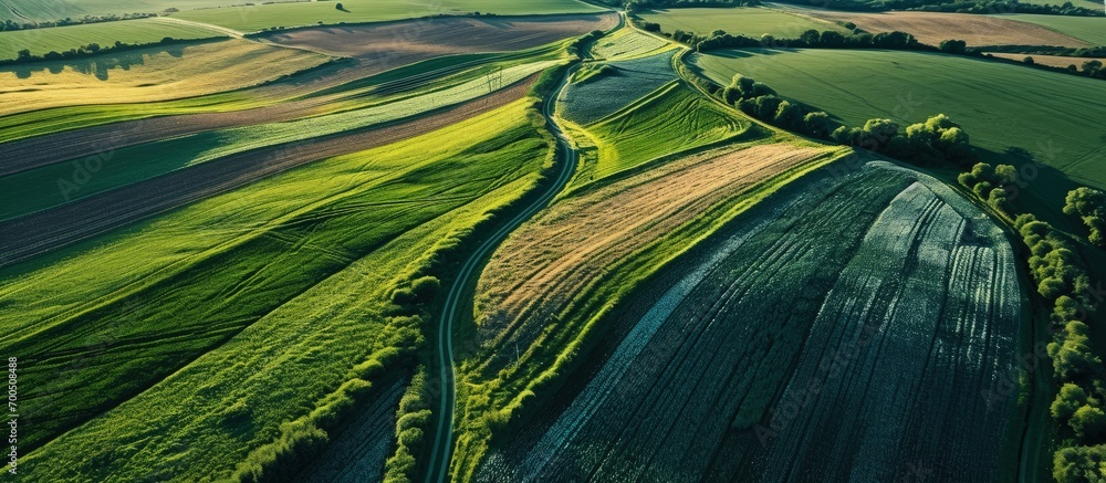 Poster an aerial view of farmland planted in alfalfa and irrigated with a center pivot irrigation system. c