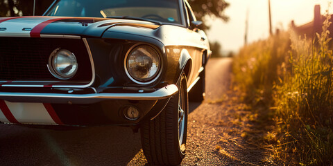 Fototapeta premium Classic American muscle car with flag paint, open road, copy space