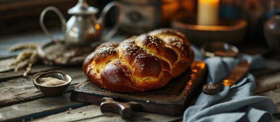 Challah Jewish Bread traditionally baked to celebrate the Shabbat The inscriptions on the tablecloth translated from Hebrew means Shabbat Shalom peaceful Saturday Jewish holiday Israel - obrazy, fototapety, plakaty