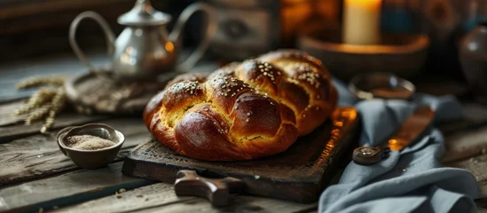 Fotobehang Challah Jewish Bread traditionally baked to celebrate the Shabbat The inscriptions on the tablecloth translated from Hebrew means Shabbat Shalom peaceful Saturday Jewish holiday Israel © HN Works
