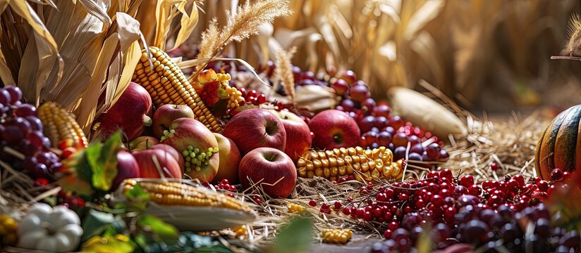 large group of fall harvest vegetables including corn and apples. Creative Banner. Copyspace image